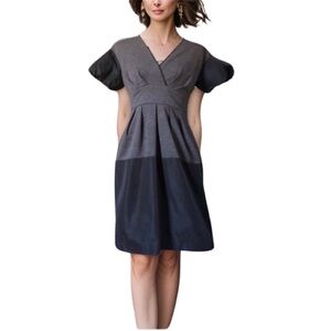 BCBGMAXAZRIA Taffeta & Knit Charcoal Grey Black Puff Sleeve Midi Dress
